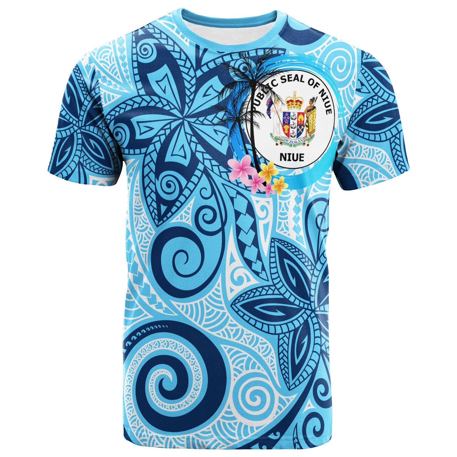Niue T Shirt Tribal Plumeria Pattern Unisex Blue - Polynesian Pride