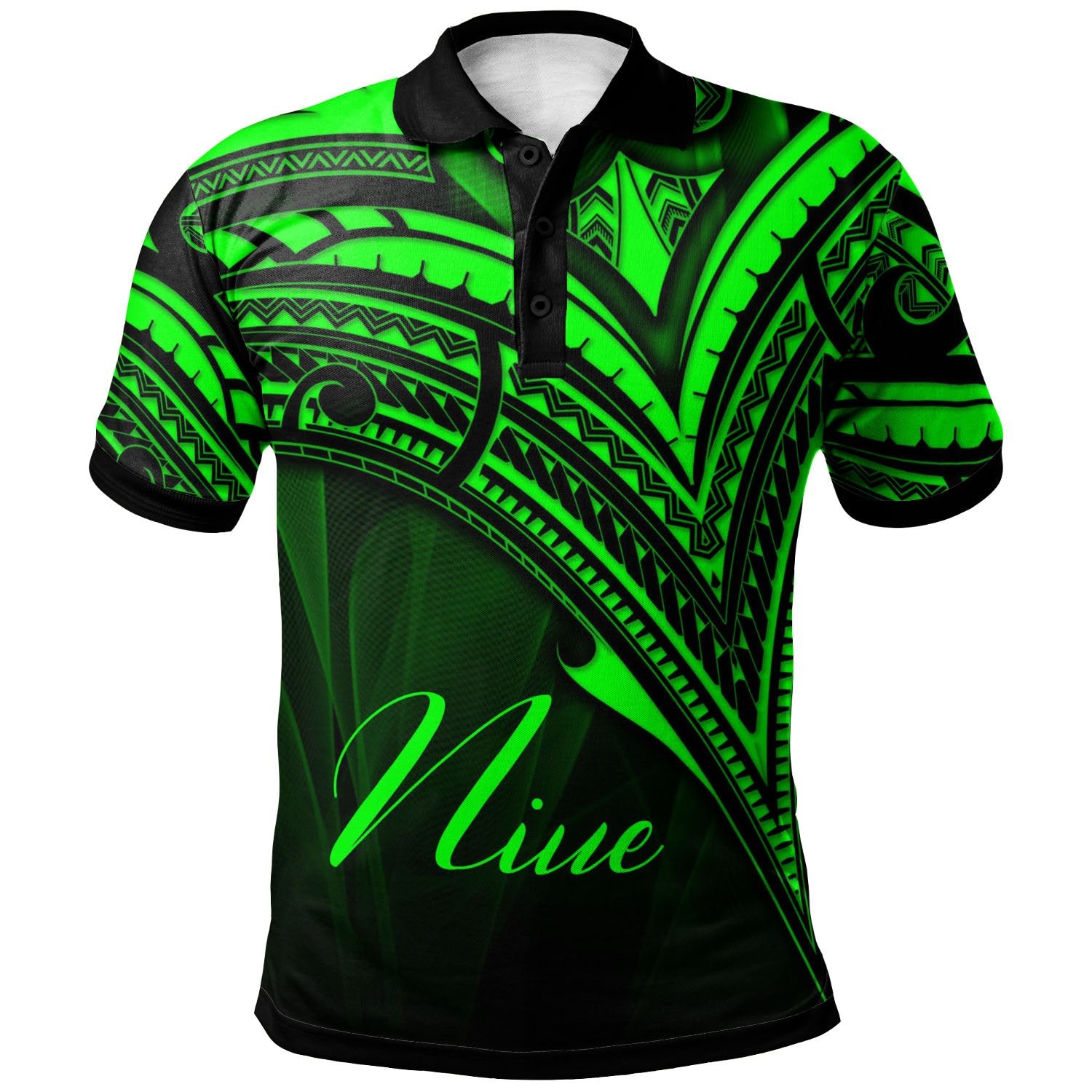 Niue Polo Shirt Green Color Cross Style Unisex Black - Polynesian Pride