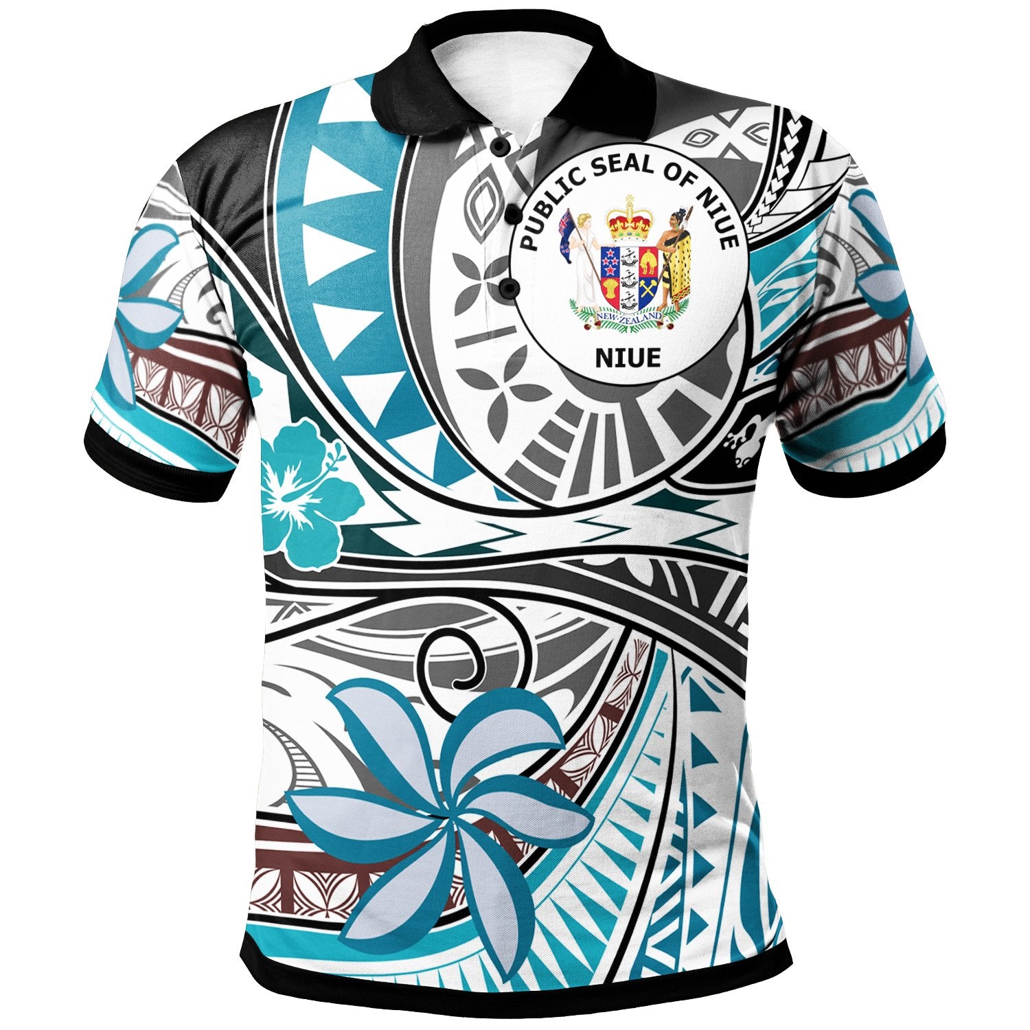 Niue Polo Shirt Flower and Flow Unisex Blue - Polynesian Pride