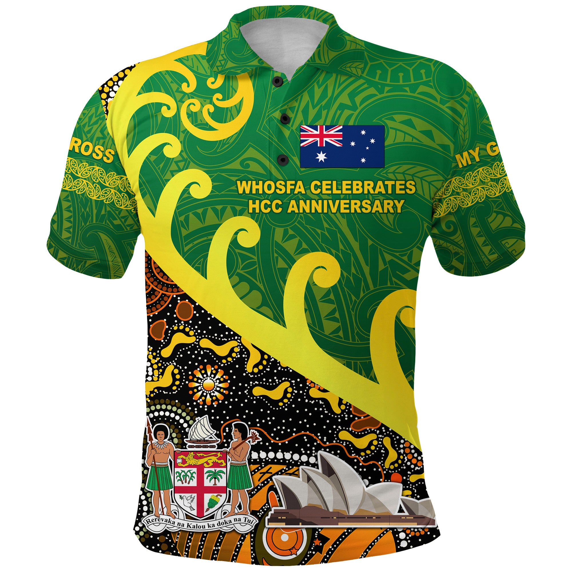 Whosfa Celebrates HCC Anniversary Fiji Australia Aboriginal Polo Shirt Silver Fern Koru Vibes Green LT8 Green - Polynesian Pride