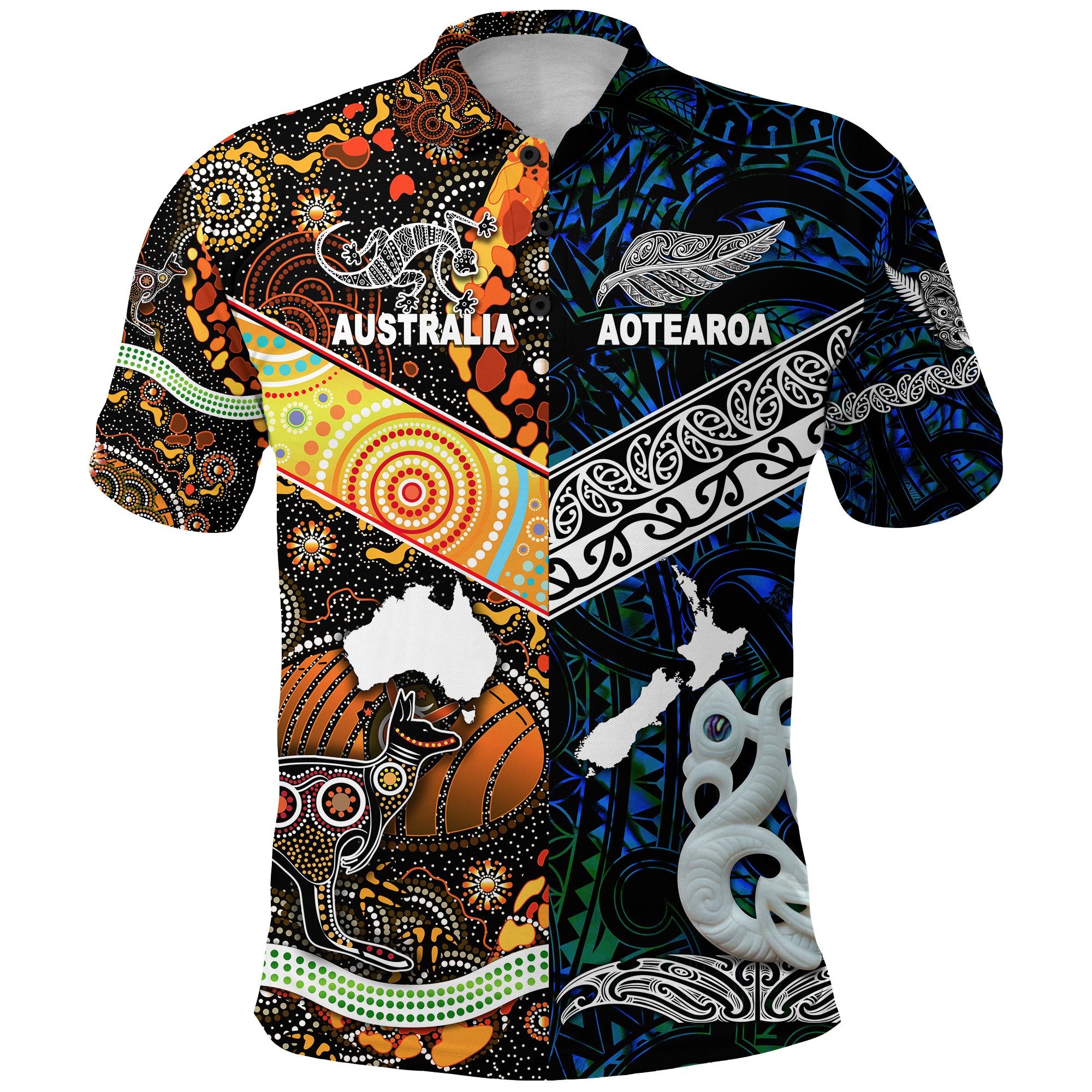 New Zealand Australia Polo Shirt Maori and Aboriginal Together Blue LT8 Black - Polynesian Pride