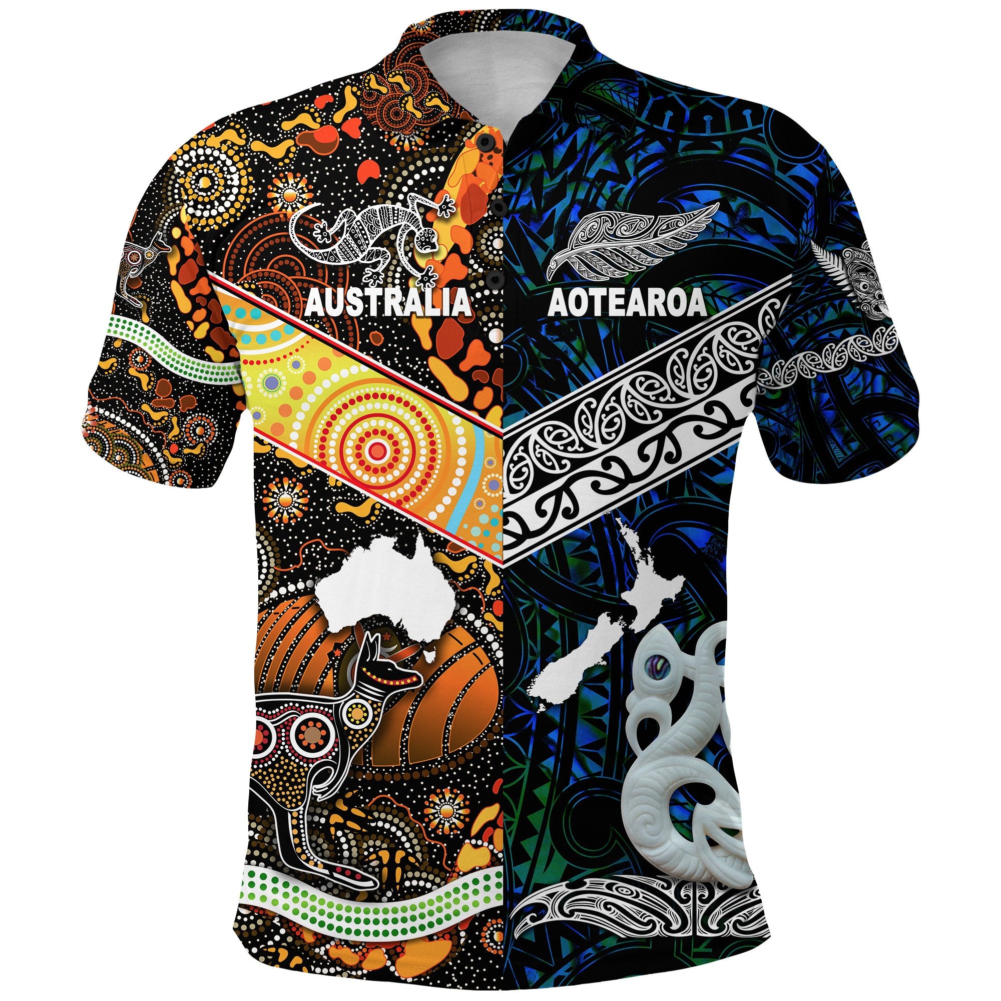 New Zealand Australia Polo Shirt Maori and Aboriginal Together Blue LT8 - Polynesian Pride