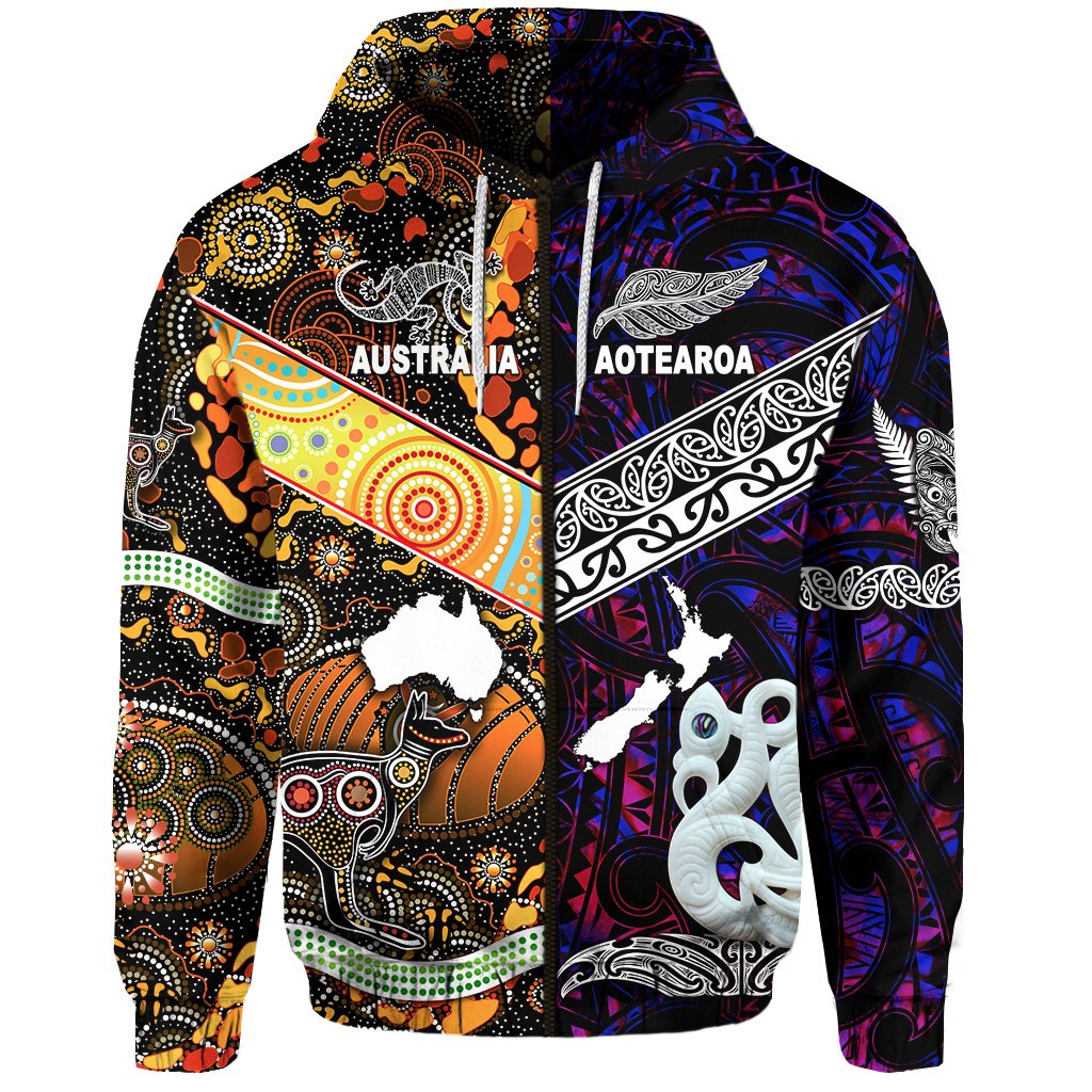 Custom New Zealand Australia Zip Hoodie for Kid Maori and Aboriginal Together Purple, Custom Text and Number LT8 - Polynesian Pride