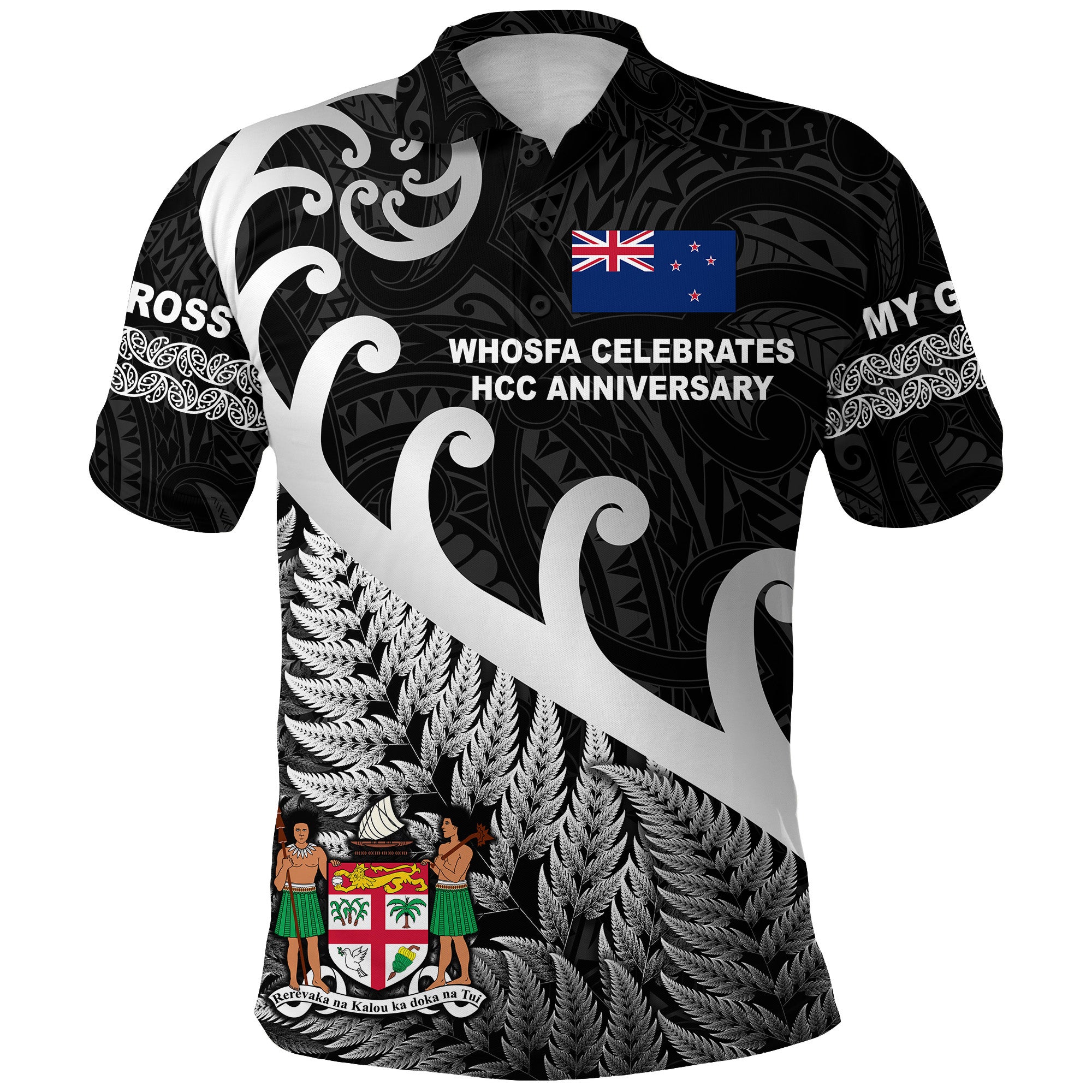 Whosfa Celebrates HCC Anniversary Fiji New Zealand Maori Polo Shirt Silver Fern Koru Vibes Black LT8 Black - Polynesian Pride