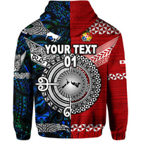 Custom New Zealand Tonga Zip Hoodie Maori and Polynesian Together Blue, Custom Text and Number LT8 - Polynesian Pride