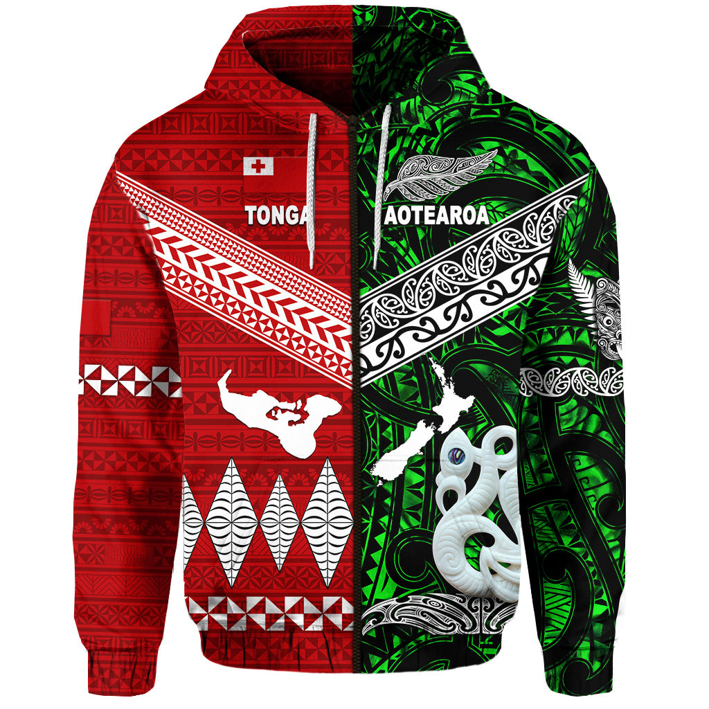 New Zealand Tonga Zip Hoodie Maori and Polynesian Together Green LT8 - Polynesian Pride