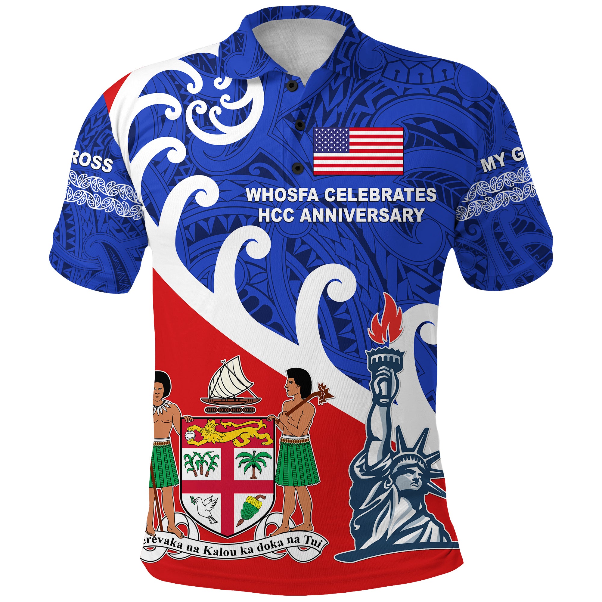 Whosfa Celebrates HCC Anniversary Fiji USA Polo Shirt Silver Fern Koru Vibes LT8 Blue - Polynesian Pride