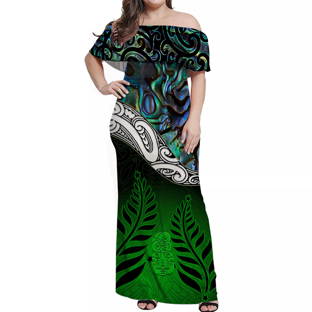 New Zealand Maori Off Shoulder Long Dress - Manaia Paua Shell Glitter Green LT4