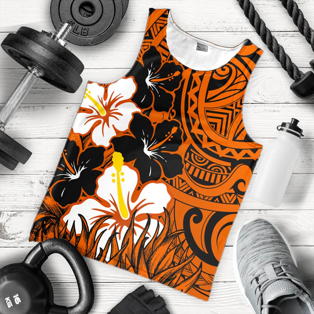 Hawaii Men's Tank Top - Black Noon Hibiscus Tank Top AH Orange - Polynesian Pride