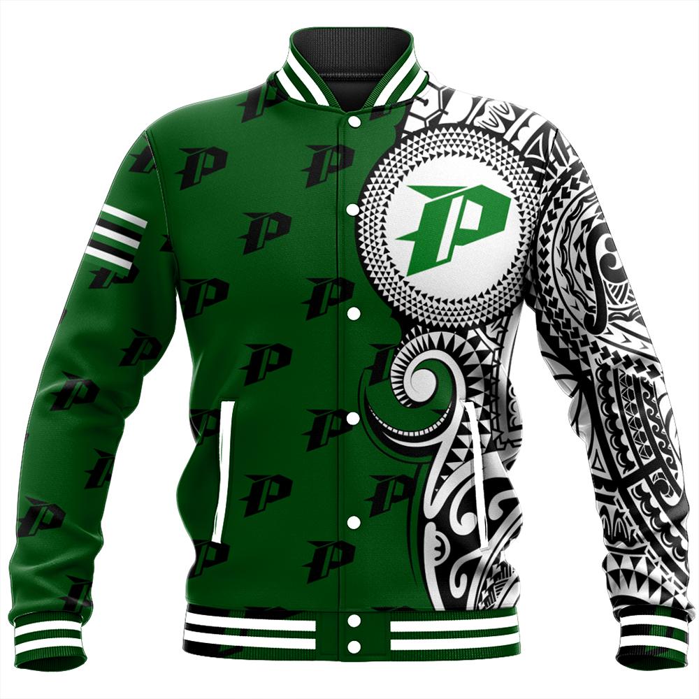 (Personalized) Hawaii Baseball Jacket - Pahoa High Tribal Kakau Baseball Jacket - AH Unisex Green - Polynesian Pride
