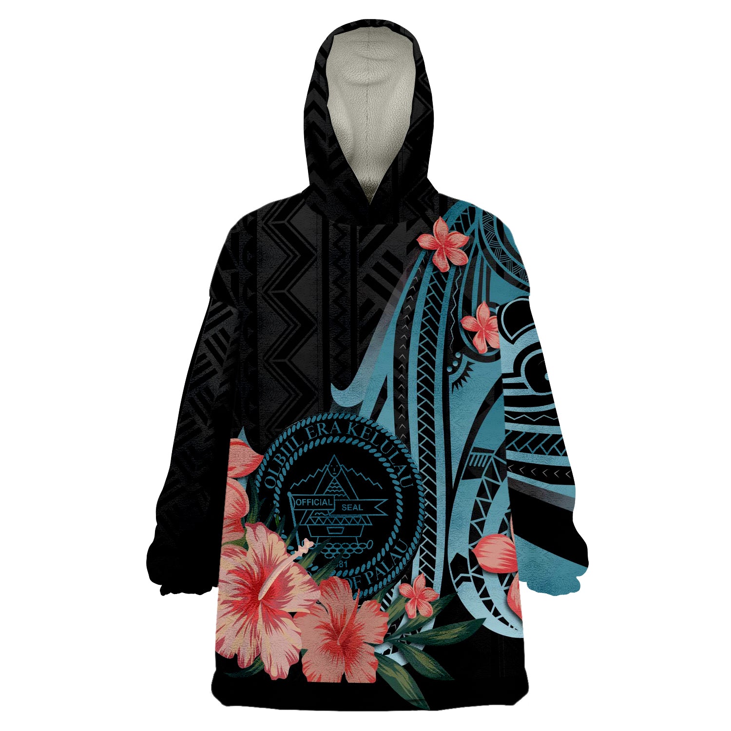 Palau Turquoise Polynesian Hibiscus Pattern Style Wearable Blanket Hoodie LT9 Unisex One Size - Polynesian Pride