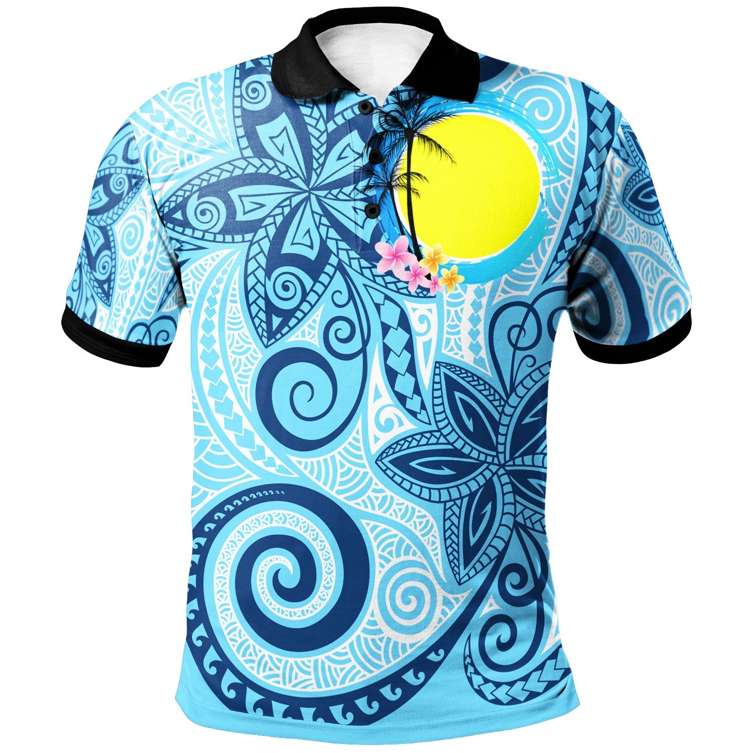 Palau Polo Shirt Tribal Plumeria Pattern Unisex Blue - Polynesian Pride
