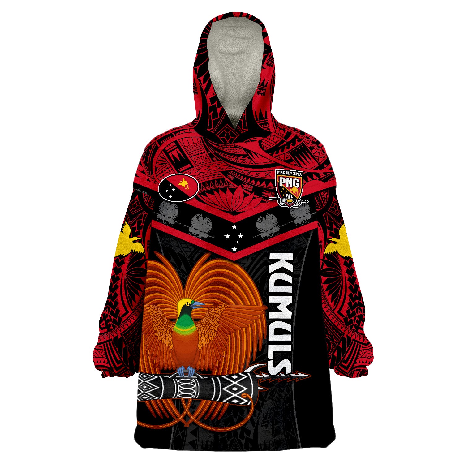 Papua New Guinea Rugby PNG Kumuls Bird Of Paradise Black Wearable Blanket Hoodie LT14 Unisex One Size - Polynesian Pride