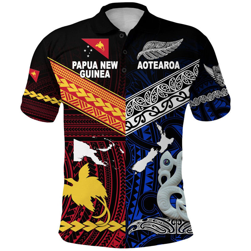 Custom New Zealand Papua New Guinea Polo Shirt Maori and Polynesian Together Blue LT8 Blue - Polynesian Pride
