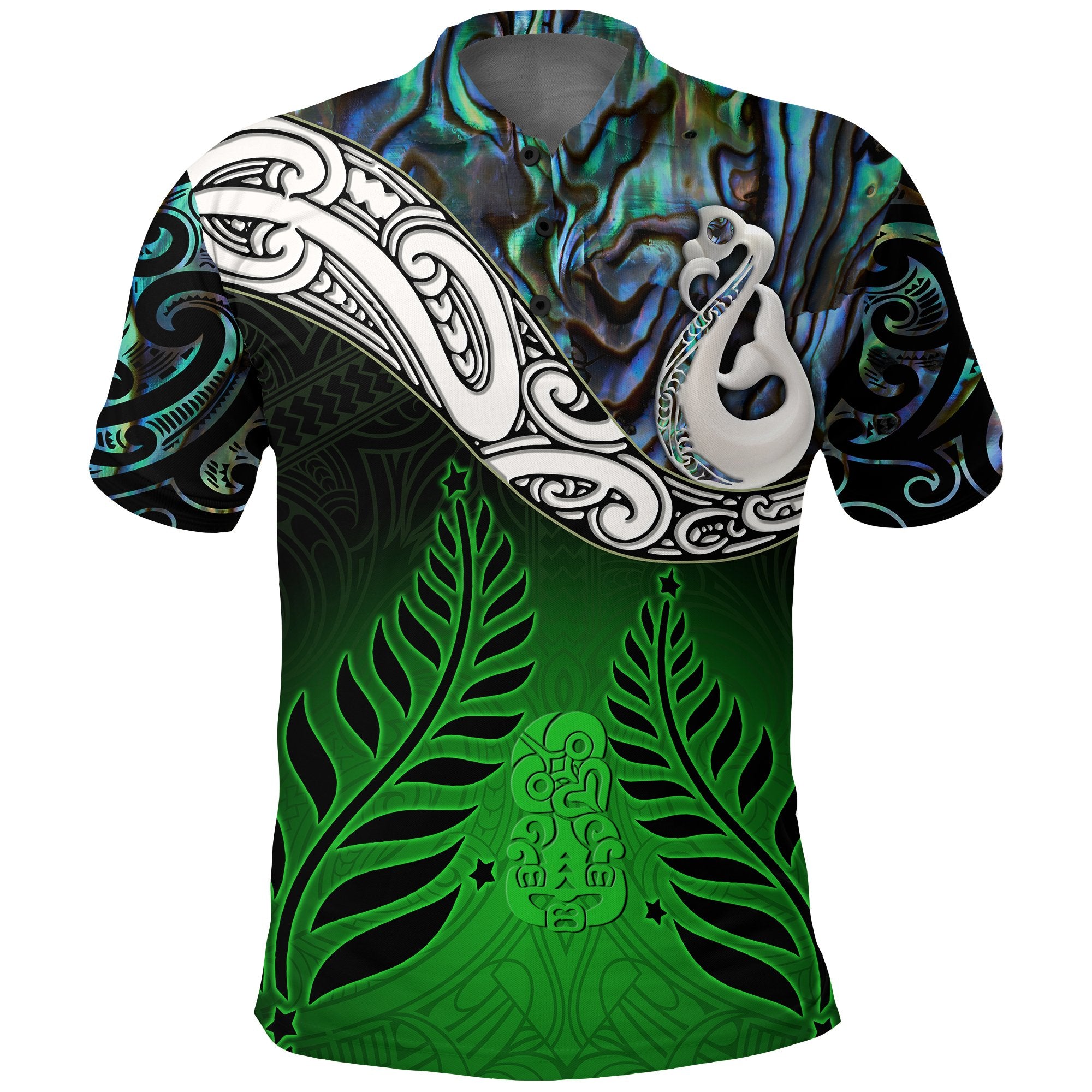 New Zealand Maori Polo Shirt Manaia Paua Shell Glitter Green LT4 Green - Polynesian Pride