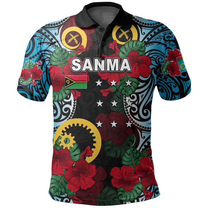 Vanuatu Sanma and Hibiscus Polo Shirt LT6 Black - Polynesian Pride