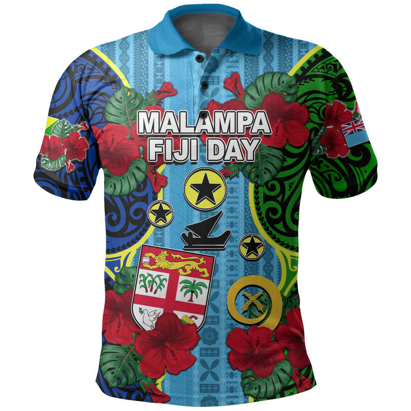 Malampa Fiji Day Hibiscus Polo Shirt Style LT6 Blue - Polynesian Pride