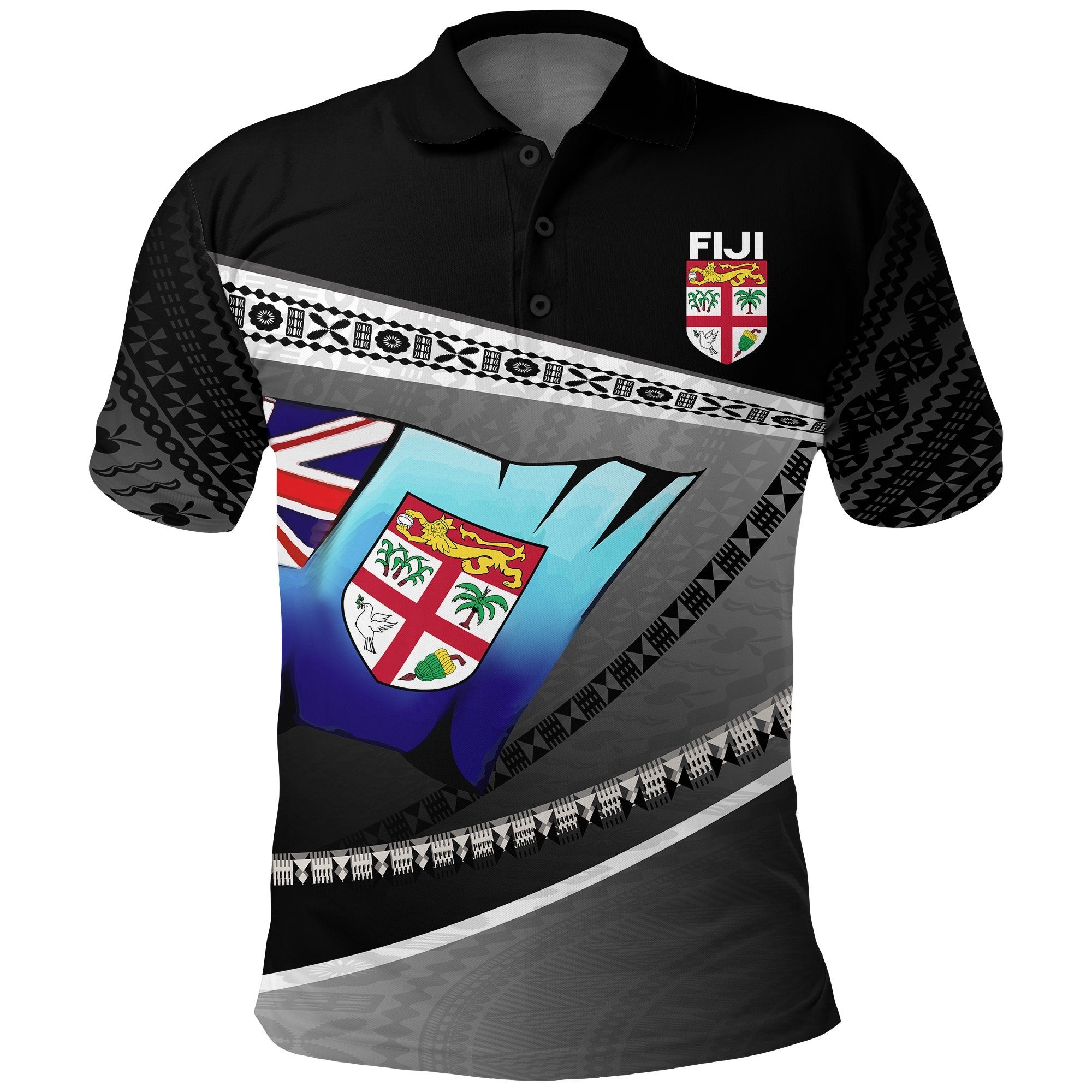 Fiji Cibi War Dance Rugby Polo Shirt Tapa Unisex Black - Polynesian Pride