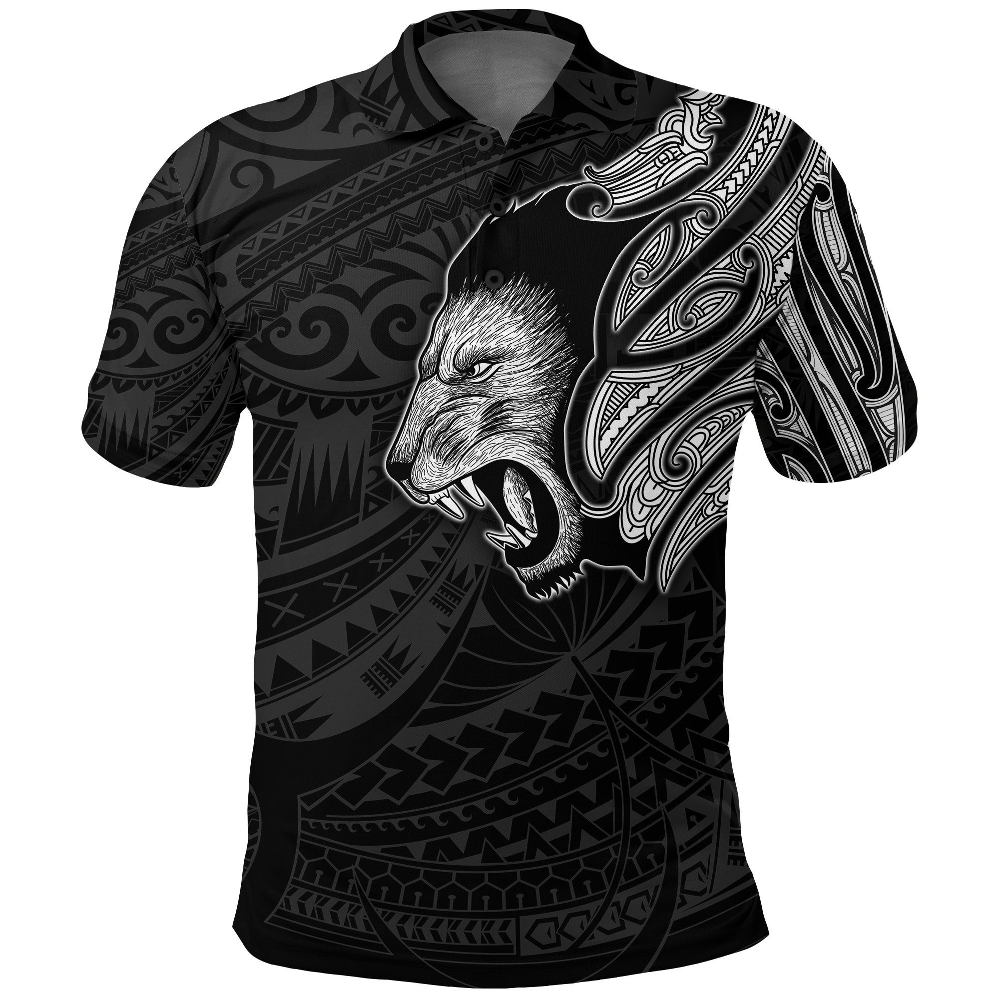 New Zealand Polo Shirt Maori Lion Tattoo White Unisex Black - Polynesian Pride