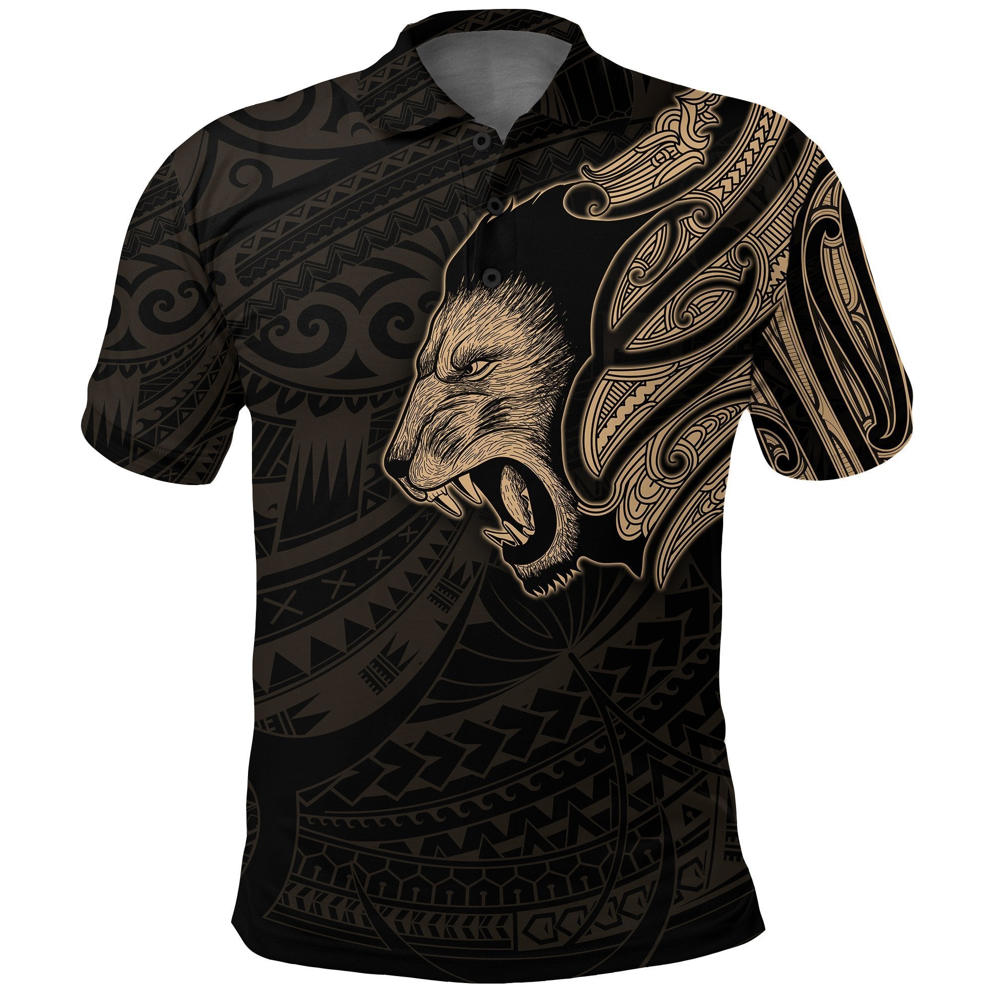 New Zealand Polo Shirt Maori Lion Tattoo Gold Unisex Black - Polynesian Pride
