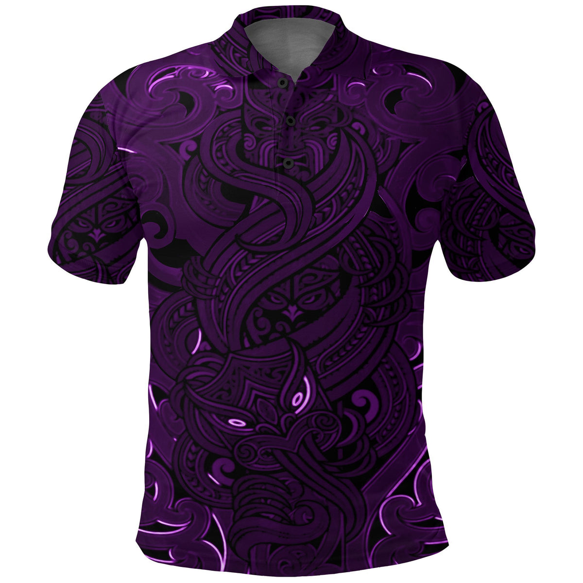 New Zealand Polo Shirt, Maori Gods Golf Shirt, Tumatauenga (God of War) Purple Unisex Black - Polynesian Pride