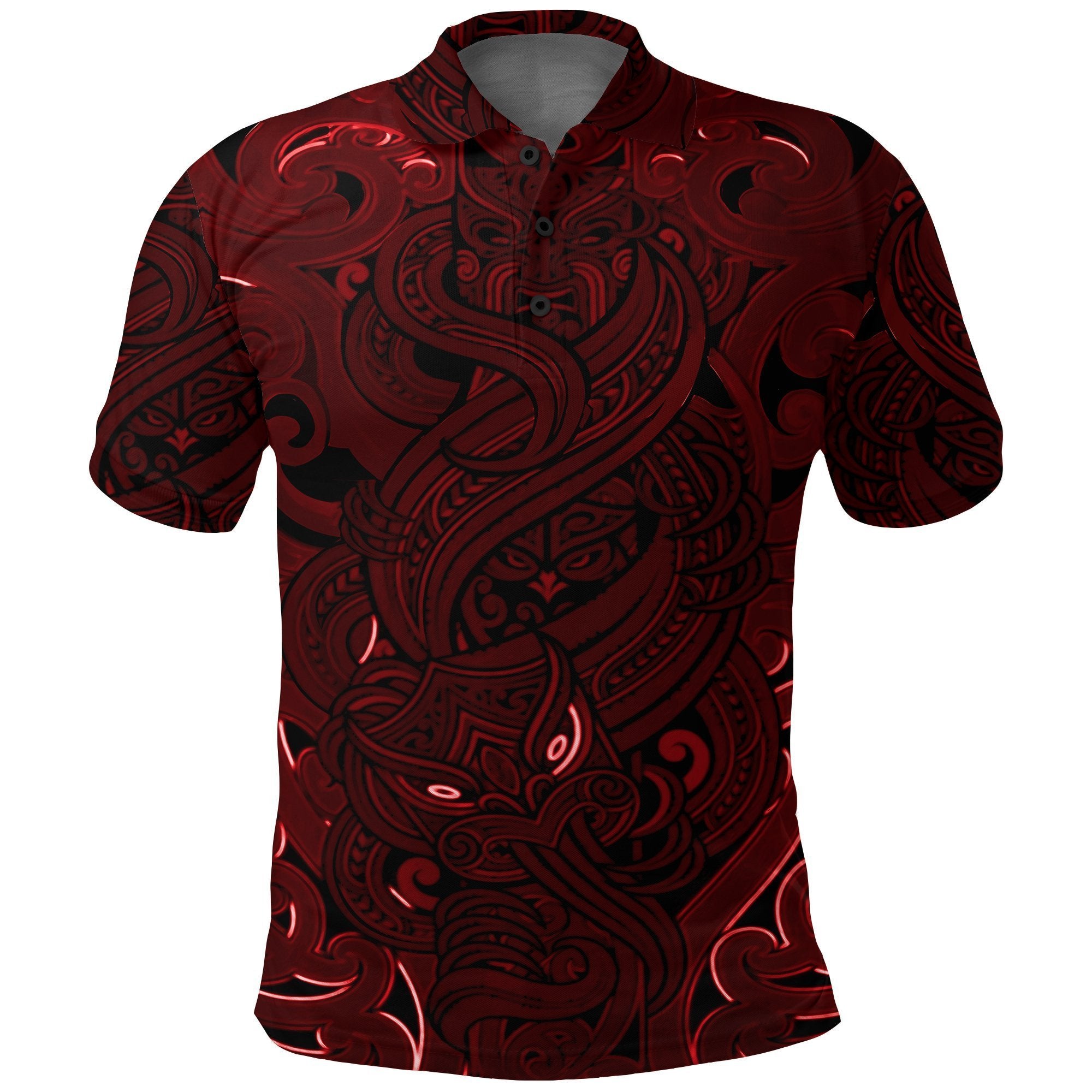 New Zealand Polo Shirt, Maori Gods Golf Shirt, Tumatauenga (God of War) Red Unisex Black - Polynesian Pride