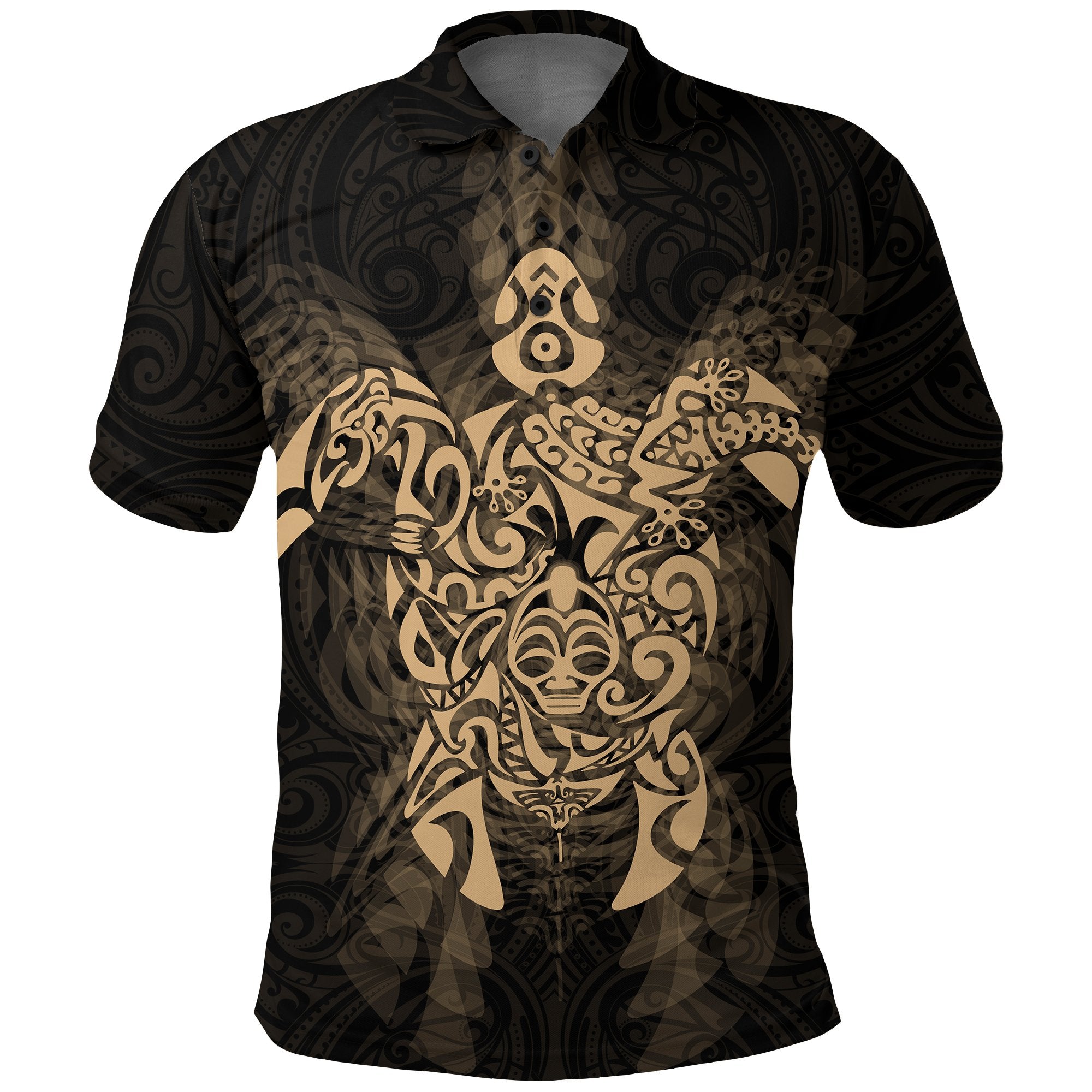 New Zealand Maori Polo Shirt, Wairua Tattoo Turtle Golf Shirts Gold Unisex Black - Polynesian Pride