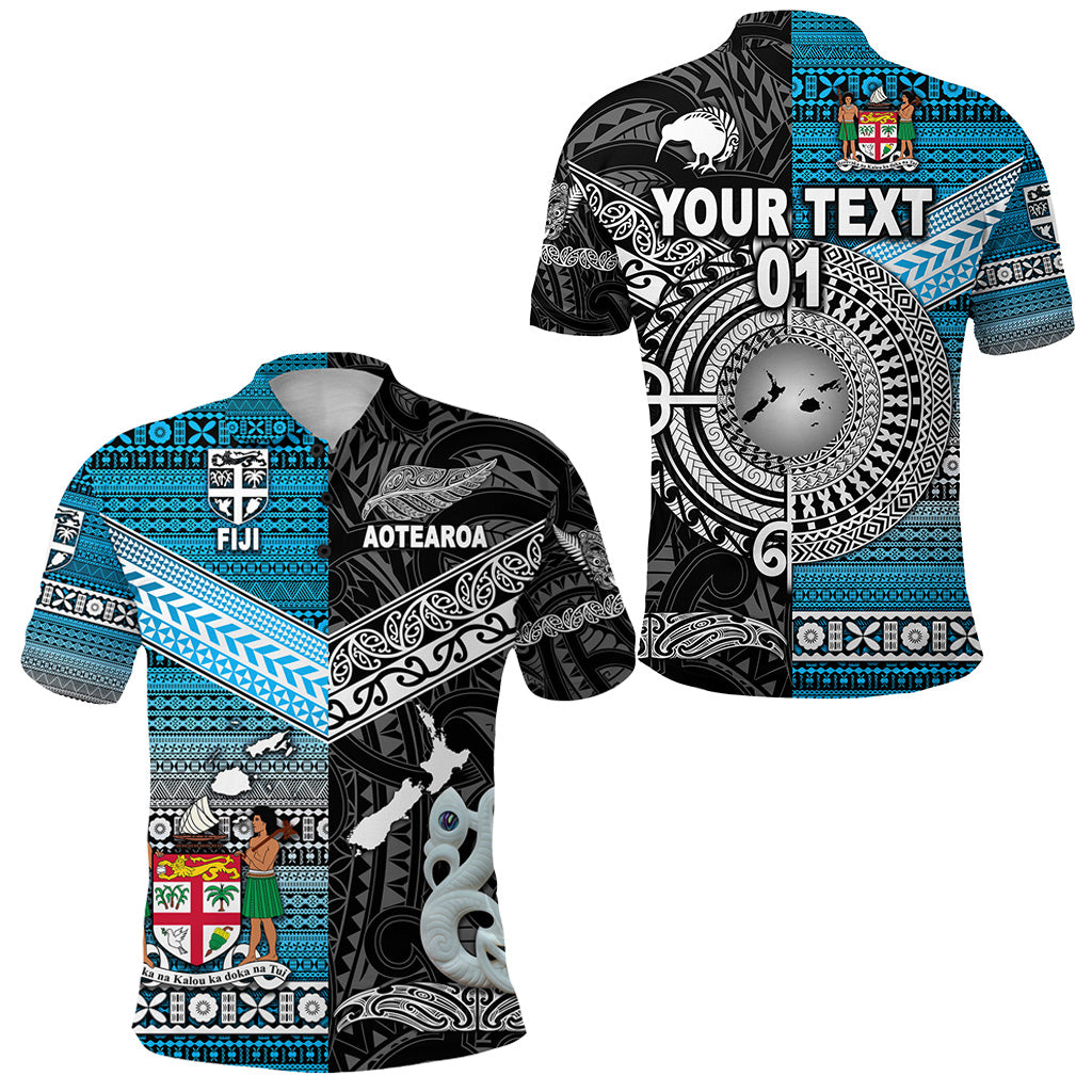 Custom New Zealand Fiji Polo Shirt Maori and Tapa Together Black, Custom Text and Number LT8 Unisex Blue - Polynesian Pride