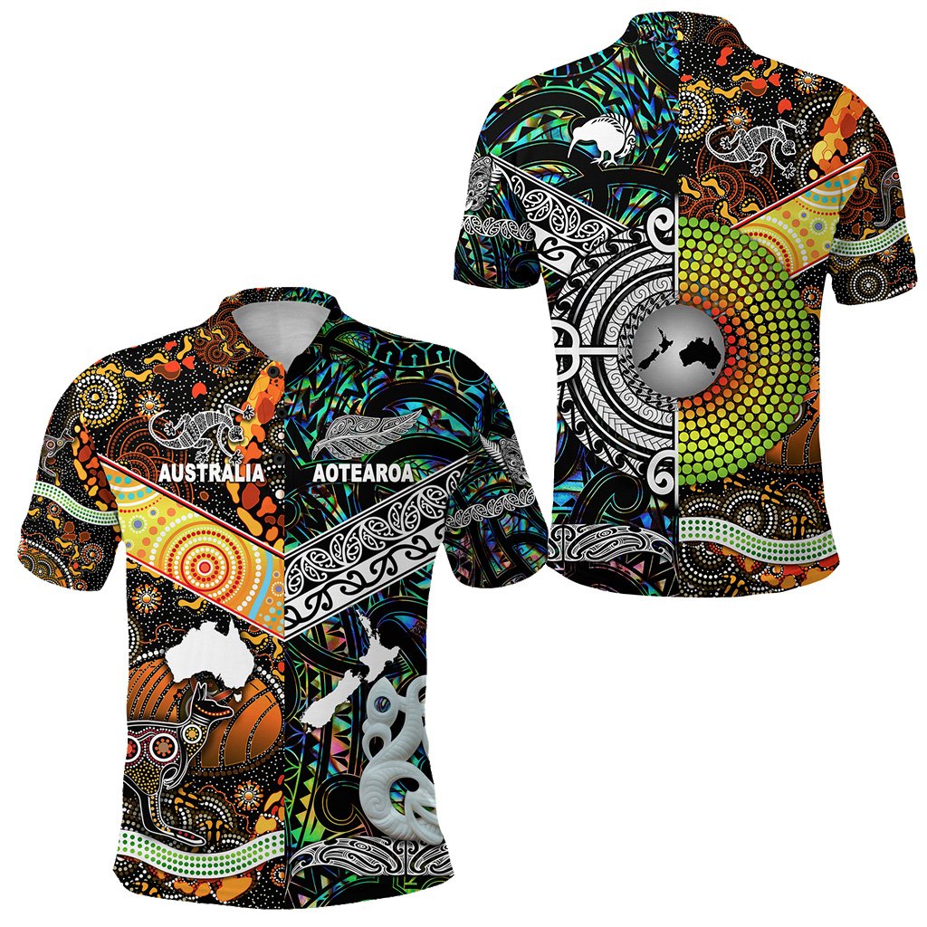 New Zealand Australia Polo Shirt Maori and Aboriginal Together Paua Shell LT8 Unisex Black - Polynesian Pride