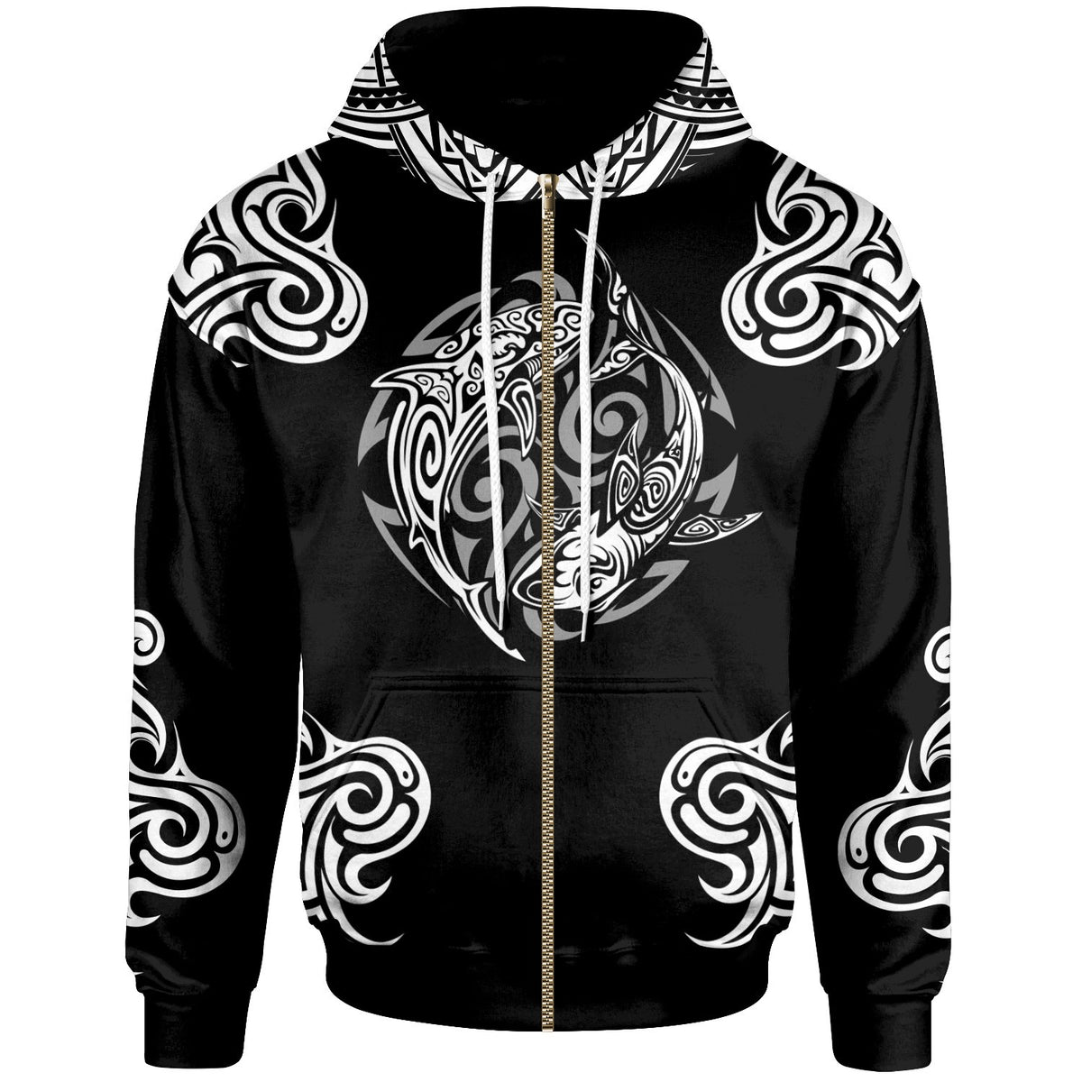 Polynesian Zip up Hoodie Polynesian Shark Tattoo Unisex Black - Polynesian Pride