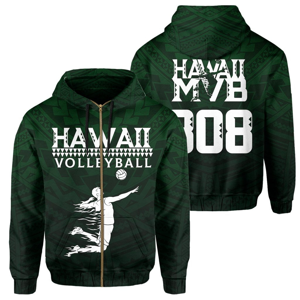 Polynesian Volleyball Sport Kakau Hawaii Zip Hoodie Green Unisex Green - Polynesian Pride