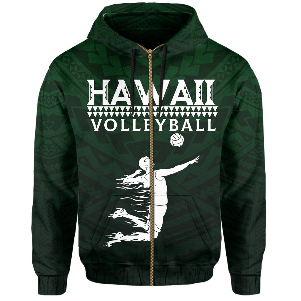 Polynesian Volleyball Sport Kakau Hawaii Zip Hoodie Green - Polynesian Pride