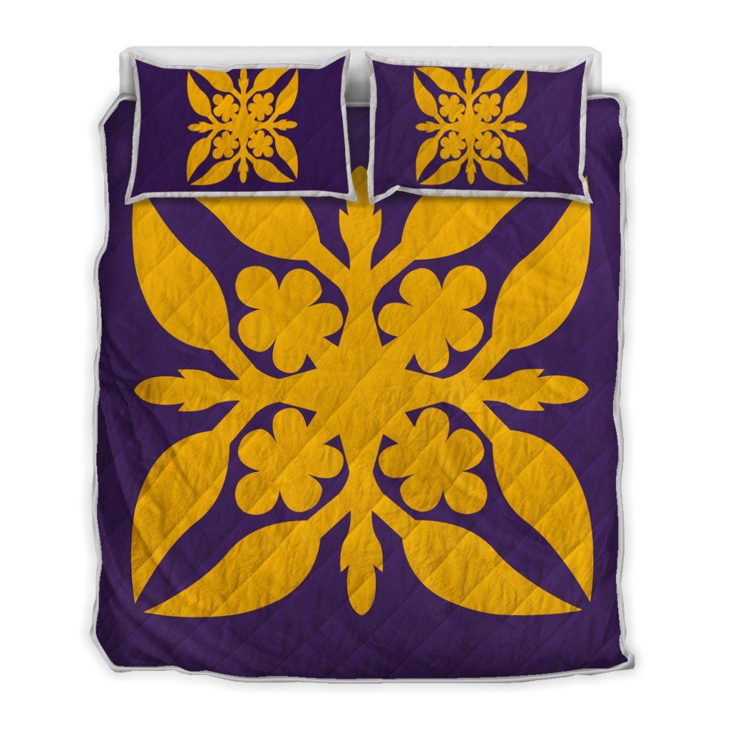 Hawaiian Royal Pattern Quilt Bed Set - Purple And Gold - G1 Style - AH Art - Polynesian Pride