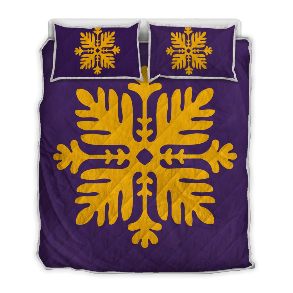 Hawaiian Royal Pattern Quilt Bed Set - Purple And Gold - H2 Style - AH Art - Polynesian Pride