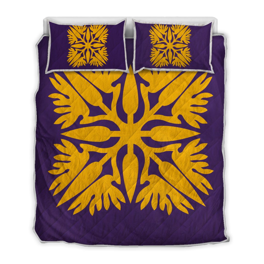 Hawaiian Royal Pattern Quilt Bed Set - Purple And Gold - A3 Style Art - Polynesian Pride