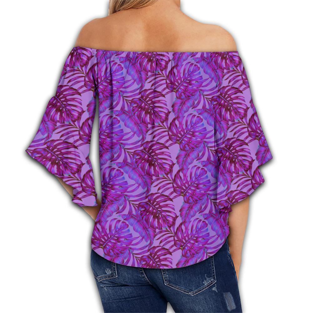 Tropical Leaves Jungle Monstera Leaf Purple Women's Off Shoulder Wrap Waist Top - AH - Polynesian Pride
