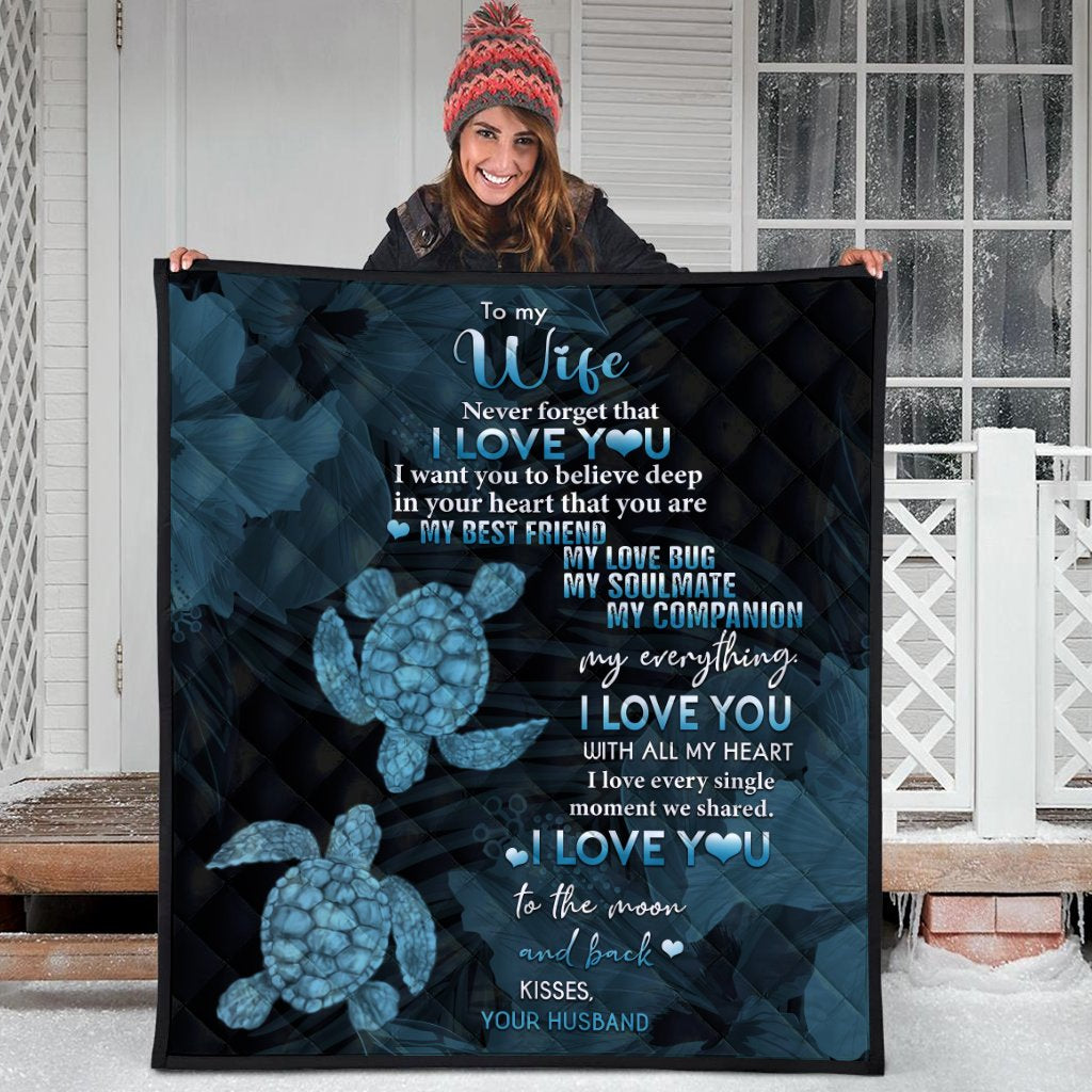 Hawaii Turtle Premium Quilt Hibiscus To My Wife Blue AH - Polynesian Pride