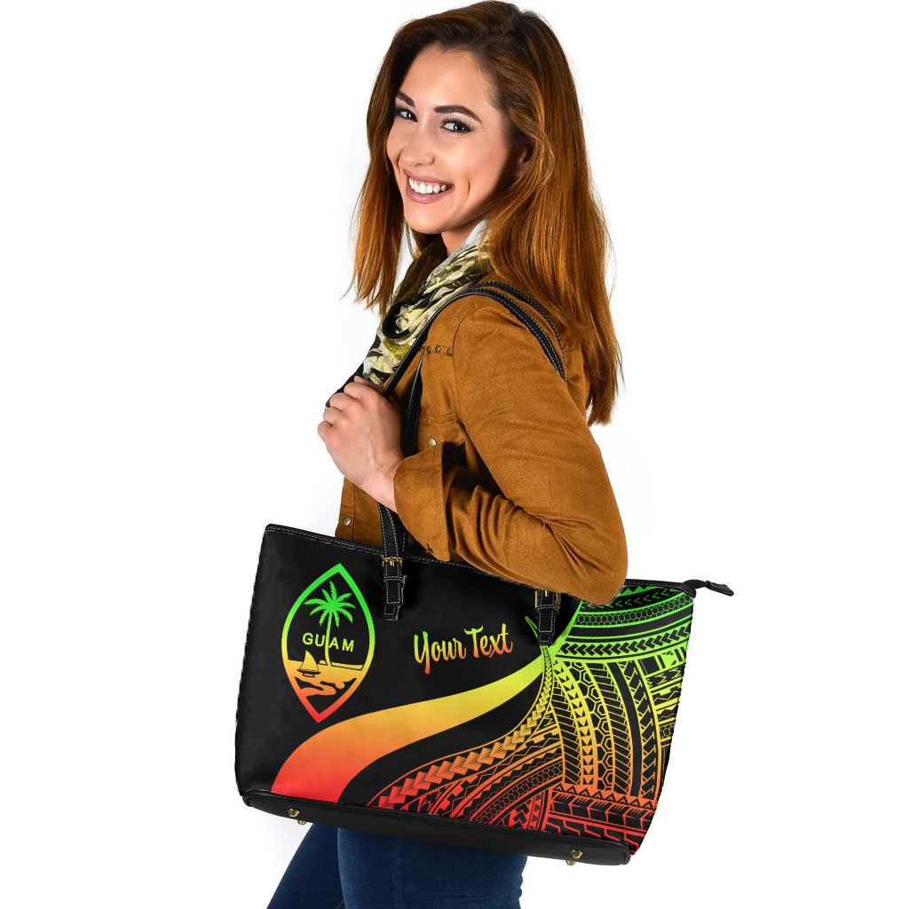 Guam Custom Personalised Large Leather Tote Bag - Reggae Polynesian Tentacle Tribal Pattern Reggae - Polynesian Pride