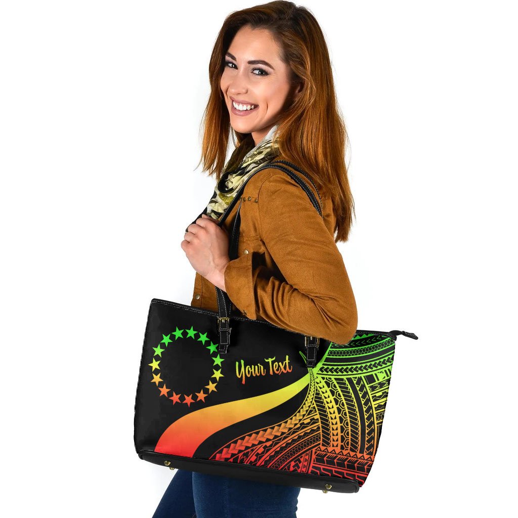 Cook Islands Custom Personalised Large Leather Tote Bag - Reggae Polynesian Tentacle Tribal Pattern Reggae - Polynesian Pride