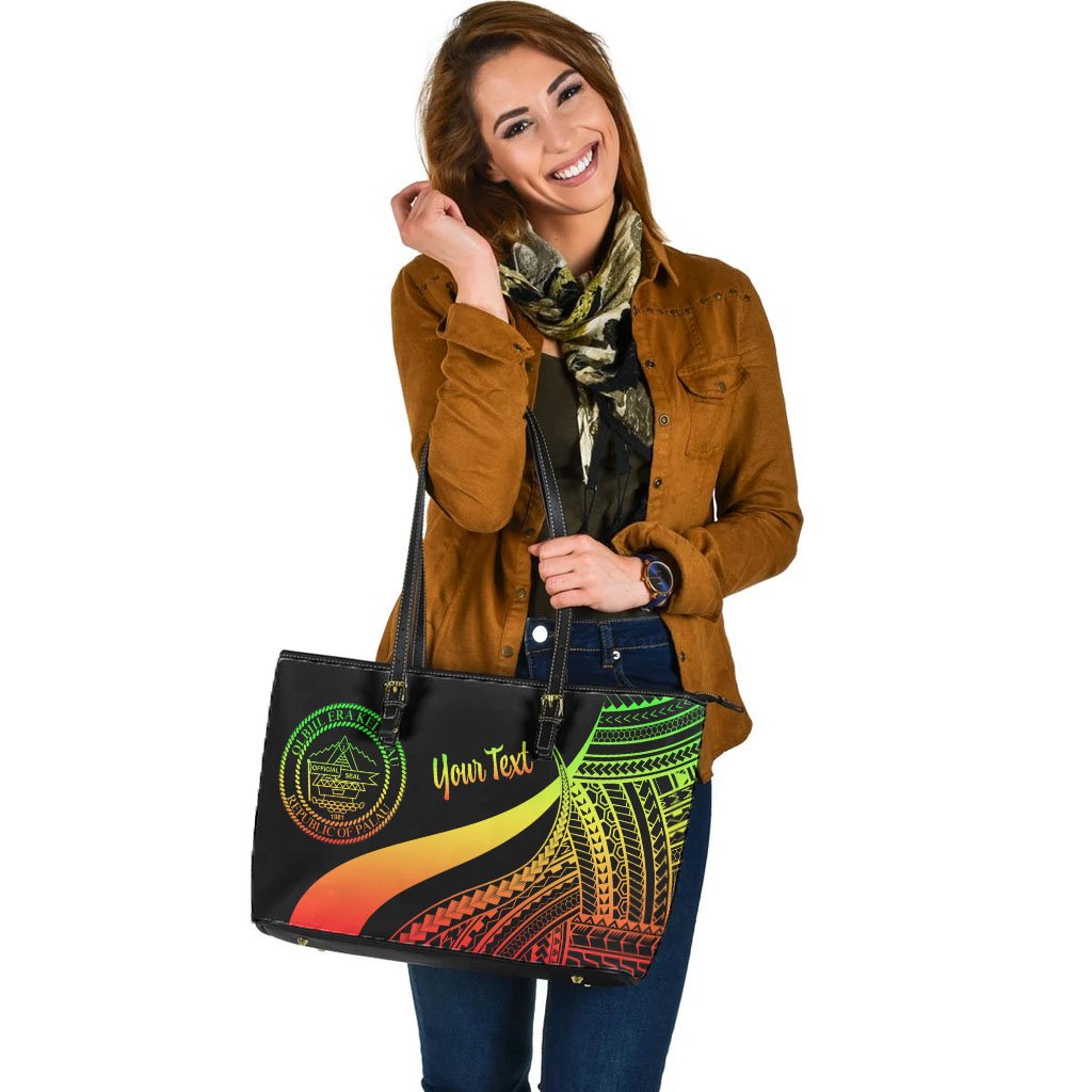 Palau Custom Personalised Large Leather Tote Bag - Reggae Polynesian Tentacle Tribal Pattern Crest - Polynesian Pride