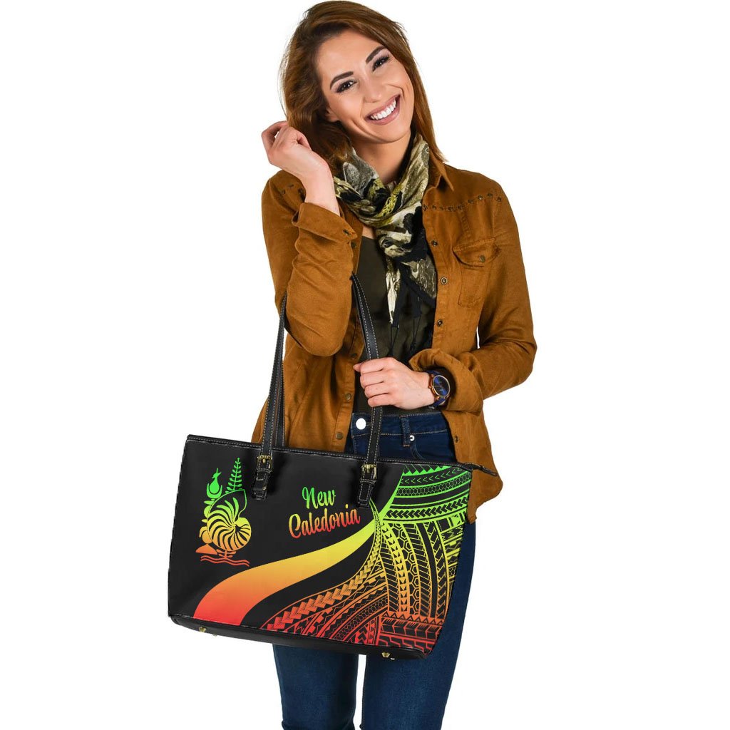 New Caledonia Large Leather Tote Bag - Reggae Polynesian Tentacle Tribal Pattern Crest - Polynesian Pride
