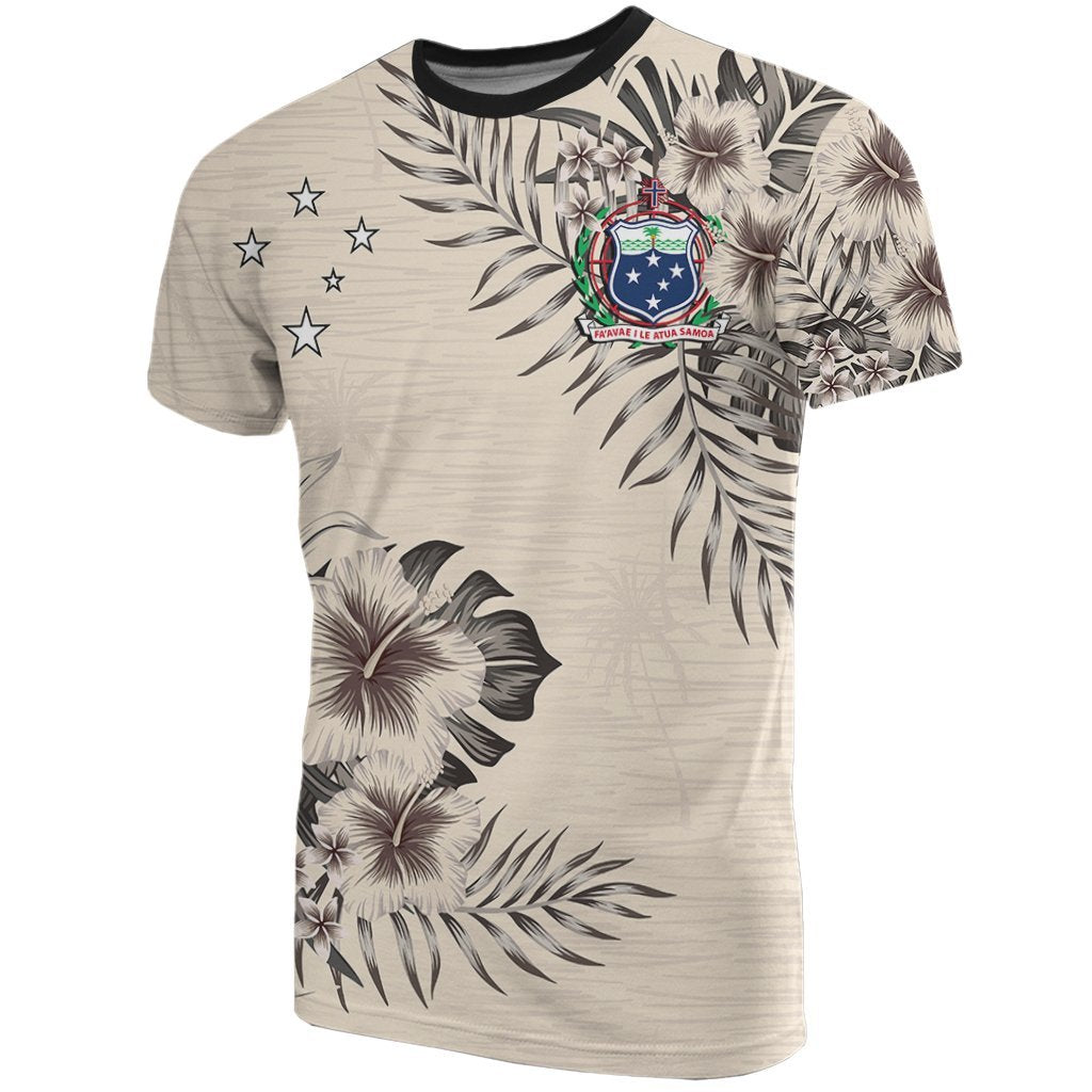 Samoa T Shirt Samoan Coat of Arms Beige Hibiscus Unisex Beige - Polynesian Pride