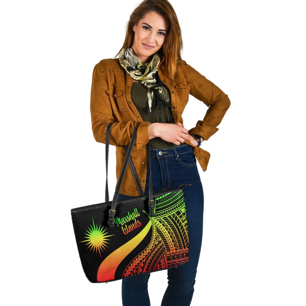 Marshall Islands Large Leather Tote Bag - Reggae Polynesian Tentacle Tribal Pattern - Polynesian Pride