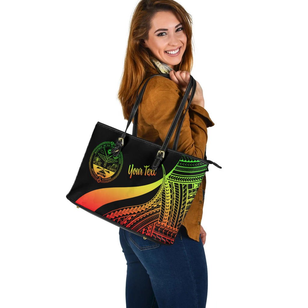 Marshall Islands Custom Personalised Large Leather Tote Bag - Reggae Polynesian Tentacle Tribal Pattern Crest - Polynesian Pride