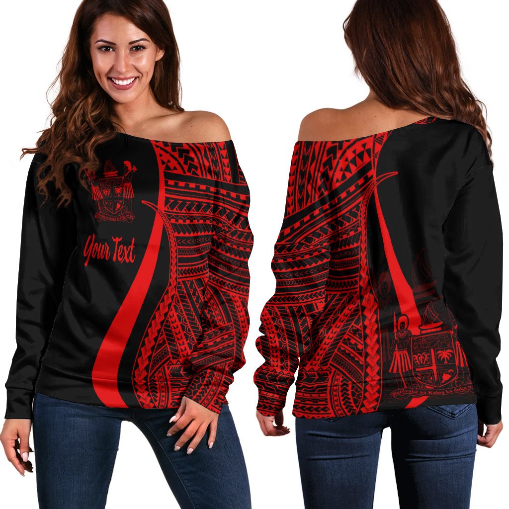 Fiji Custom Personalised Women's Off Shoulder Sweater - Red Polynesian Tentacle Tribal Pattern Crest Red - Polynesian Pride