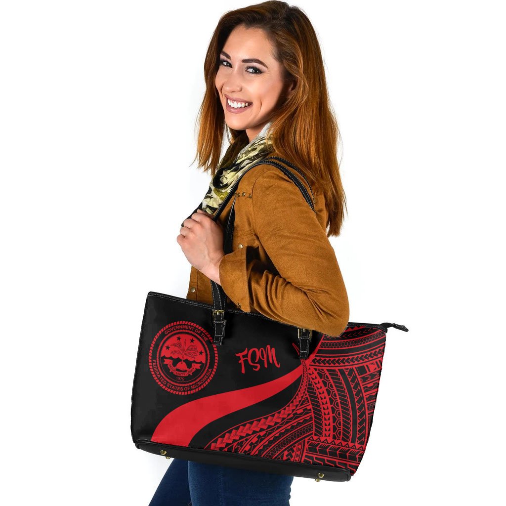 Federated States of Micronesia Large Leather Tote Bag - Red Polynesian Tentacle Tribal Pattern Red - Polynesian Pride