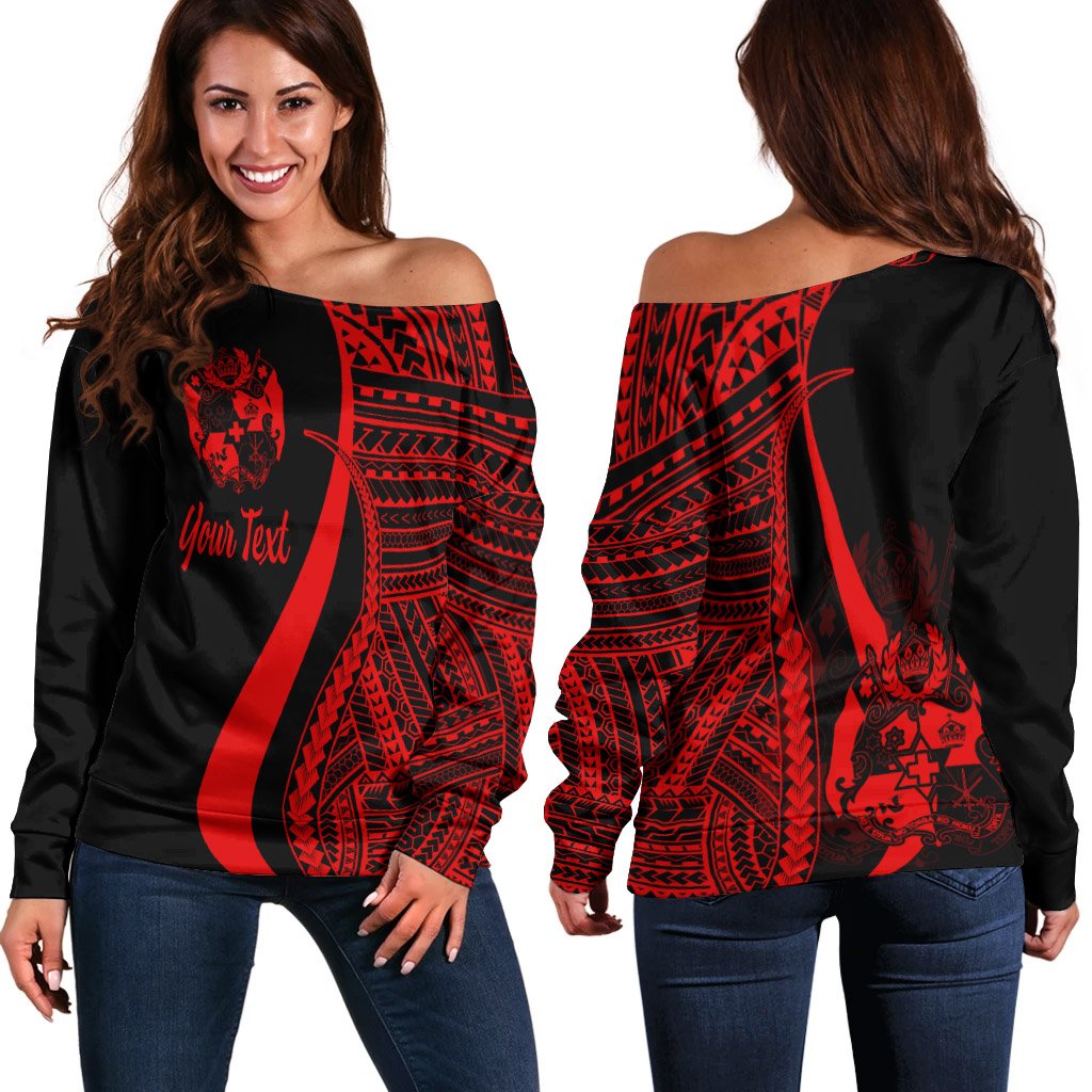 Tonga Custom Personalised Women's Off Shoulder Sweater - Red Polynesian Tentacle Tribal Pattern Red - Polynesian Pride