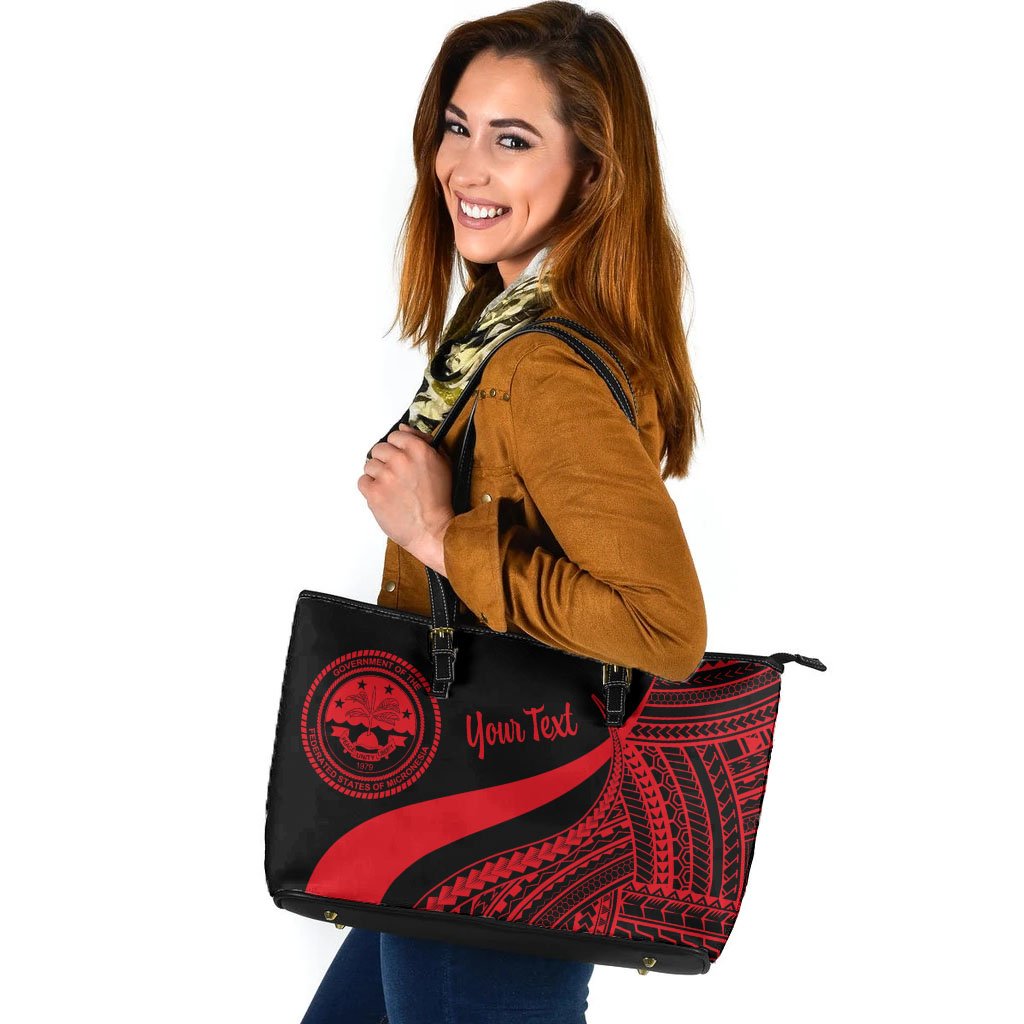 Federated States of Micronesia Custom Personalised Large Leather Tote Bag - Red Polynesian Tentacle Tribal Pattern Red - Polynesian Pride