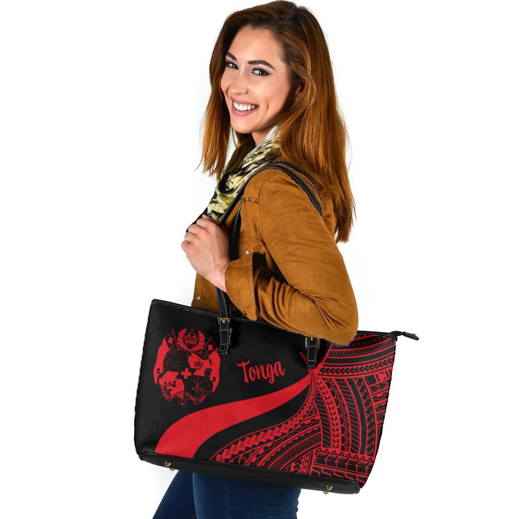 Tonga Large Leather Tote Bag - Red Polynesian Tentacle Tribal Pattern Red - Polynesian Pride