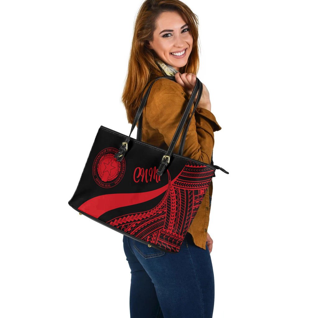 Northern Mariana Islands Large Leather Tote Bag - Red Polynesian Tentacle Tribal Pattern - Polynesian Pride